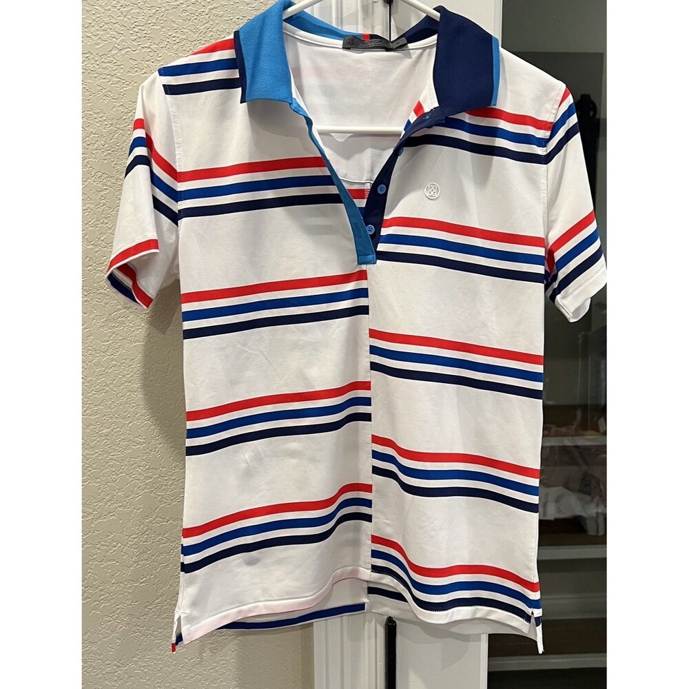 G/FORE Women’s Small Golf Polo Shirt Red White Blue Offset Striped Short Sleeve